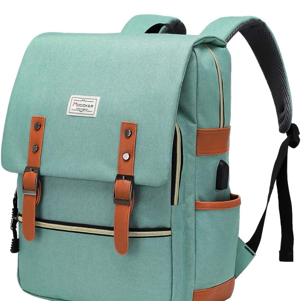 (NWT) Modoker Green Backpack with Brown Accents, Laptop Sleeve.